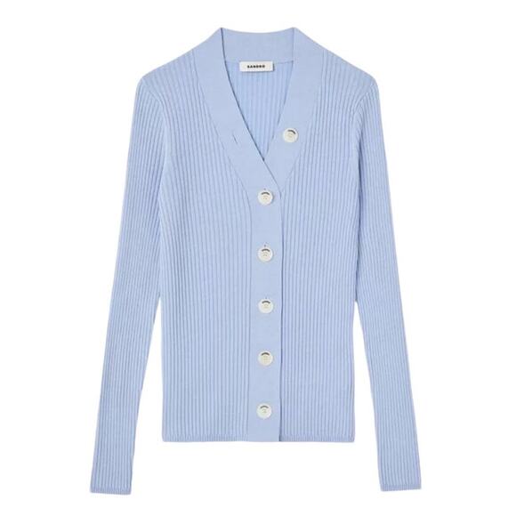 Sandro Womens Career Silk Blend Stretch Fitted Ribbed Logo Cardigan Size 4 - Picture 2 of 9